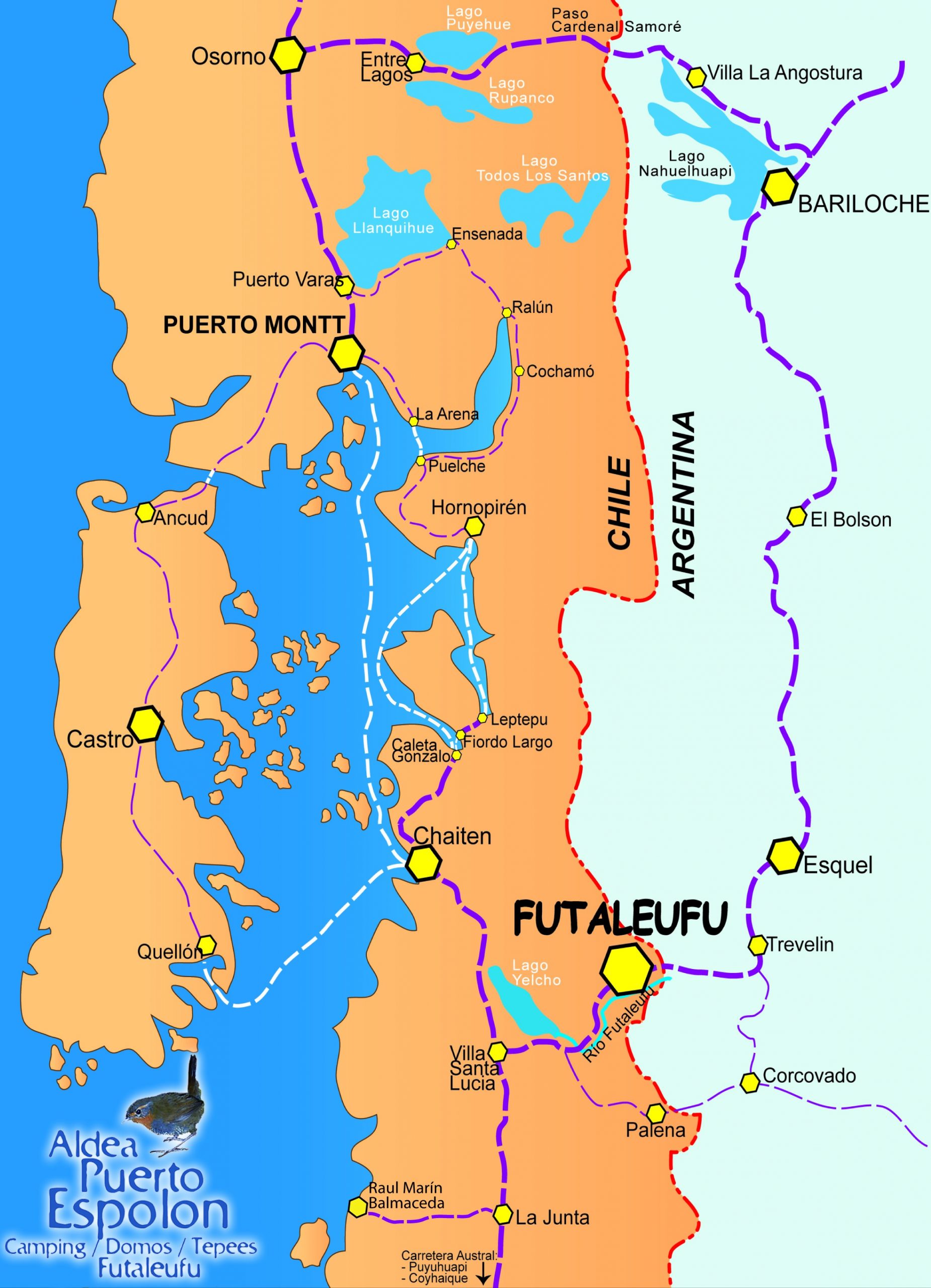 mapa como llegar a futaleufu y chaiten